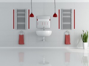 Gray and red minimalist bathroom