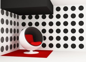 Pop art interior. Round armchair. Geometrical interior