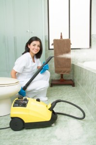 cleaning lady  with steam machine, logos removed