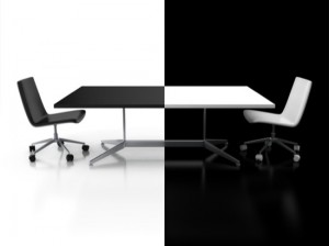 Negotiations, confrontation 3d concept - black and white desk