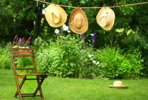 Straw hats on an old clothesline